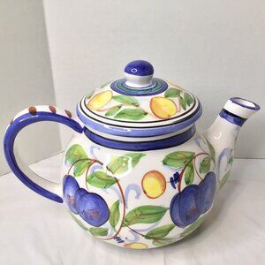 Plums Harvest LemonsTeapot Ceramic Vibrant Colors Hand painted 2000 Italy Vtg 6"